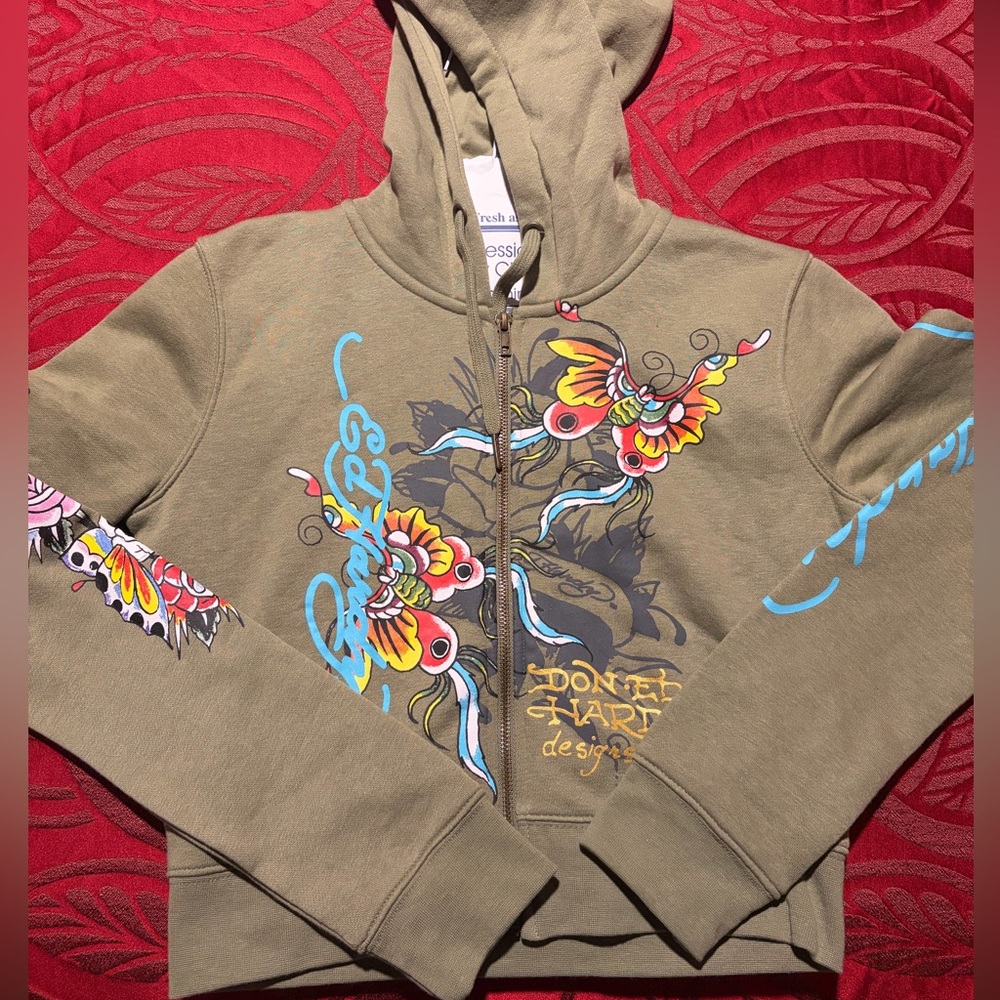 Ed Hardy Butterfly Cropped Zip Up Hoodie Size L Sage Green Y2K Biker